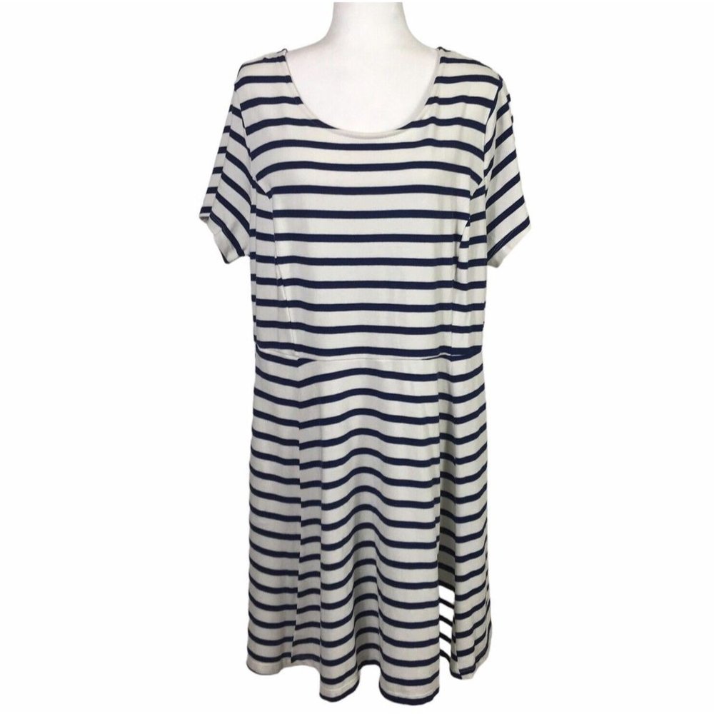 Old Navy Size 2X Dress Fit & Flare Knee Length Striped Blue Beige Nautical Beach